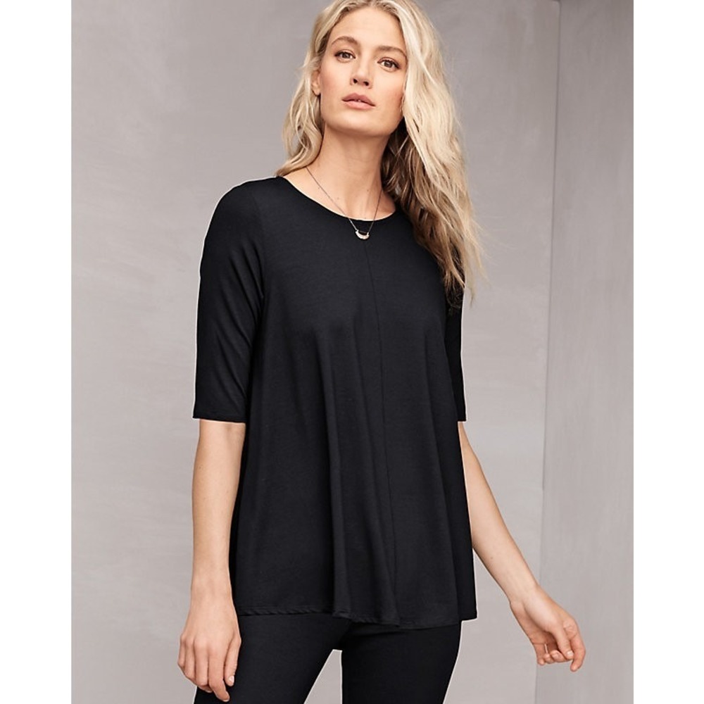 Eileen Fisher Tunic Top Women's Small S Black System Viscose Jersey Elbow-Sleeve